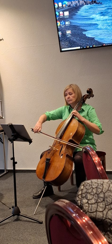 Ásdís Arnardóttir í Mýdeild skemmtir gestum  með tónlistaratriði